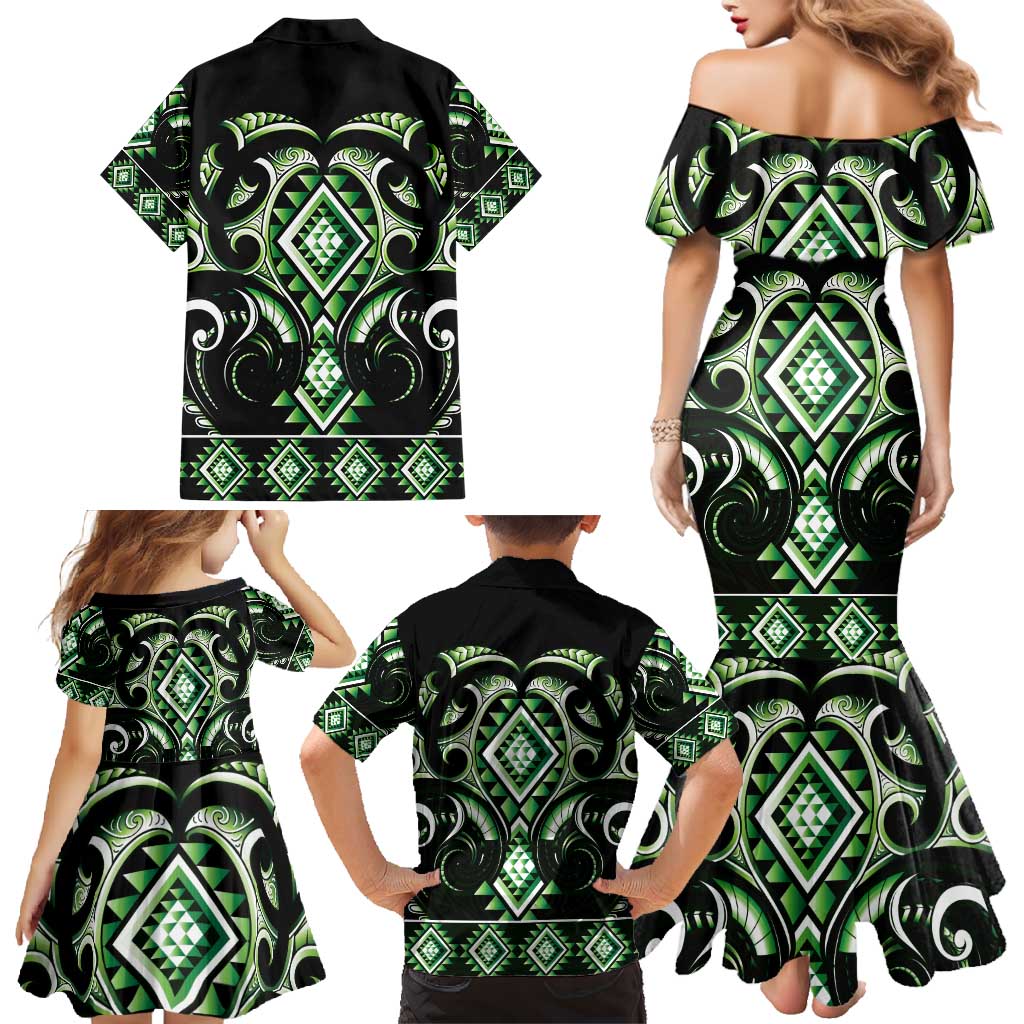Green Ngaru Taniko With Aotearoa Maori Tattoo Family Matching Mermaid Dress and Hawaiian Shirt