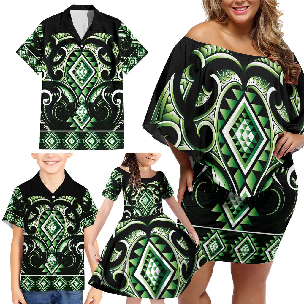 Green Ngaru Taniko With Aotearoa Maori Tattoo Family Matching Off Shoulder Short Dress and Hawaiian Shirt