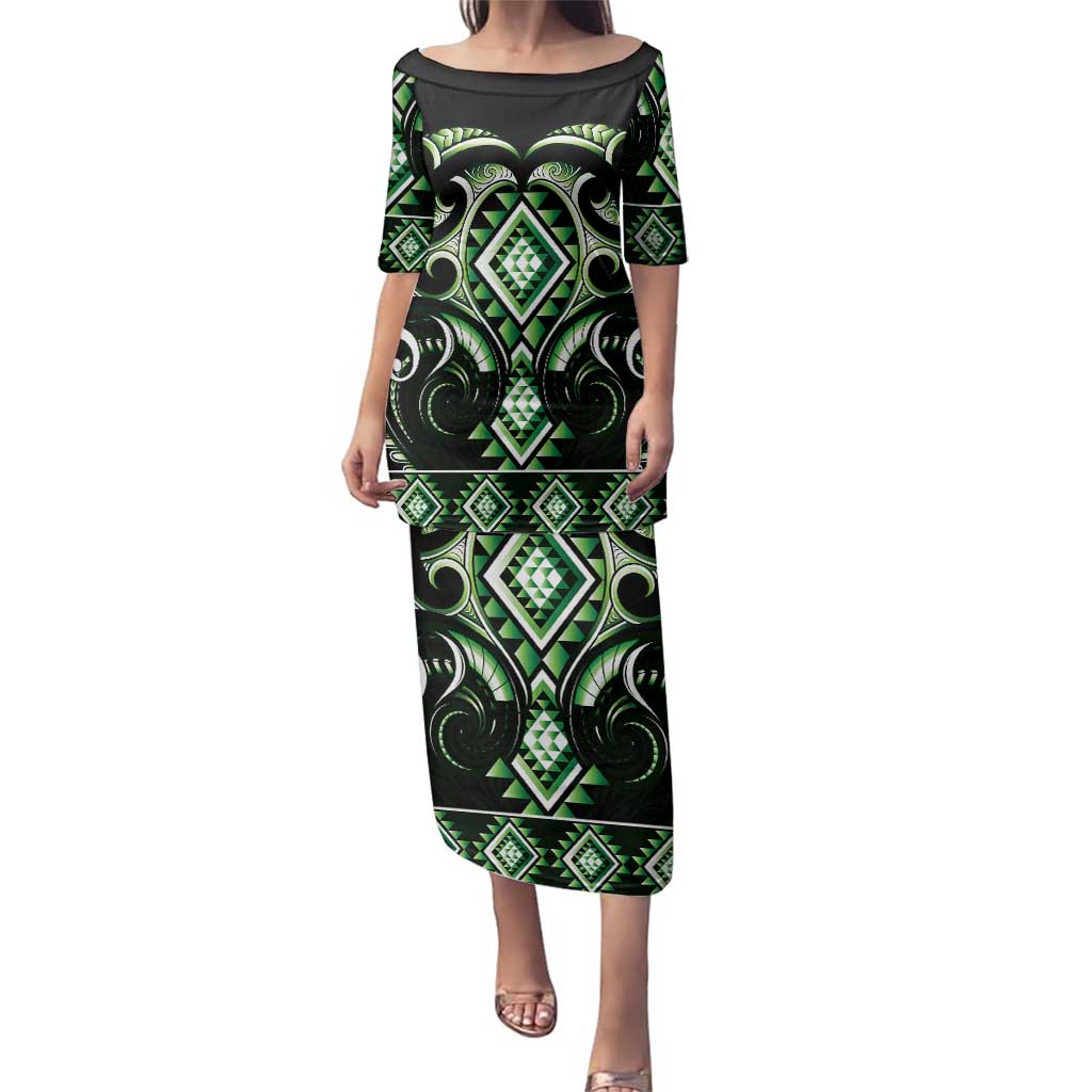 Green Ngaru Taniko With Aotearoa Maori Tattoo Family Matching Puletasi and Hawaiian Shirt