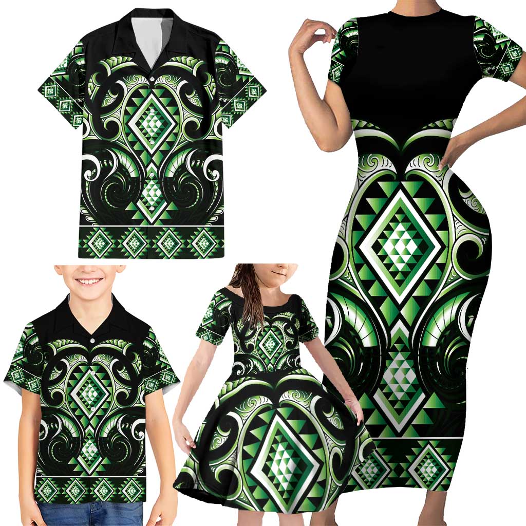 Green Ngaru Taniko With Aotearoa Maori Tattoo Family Matching Short Sleeve Bodycon Dress and Hawaiian Shirt
