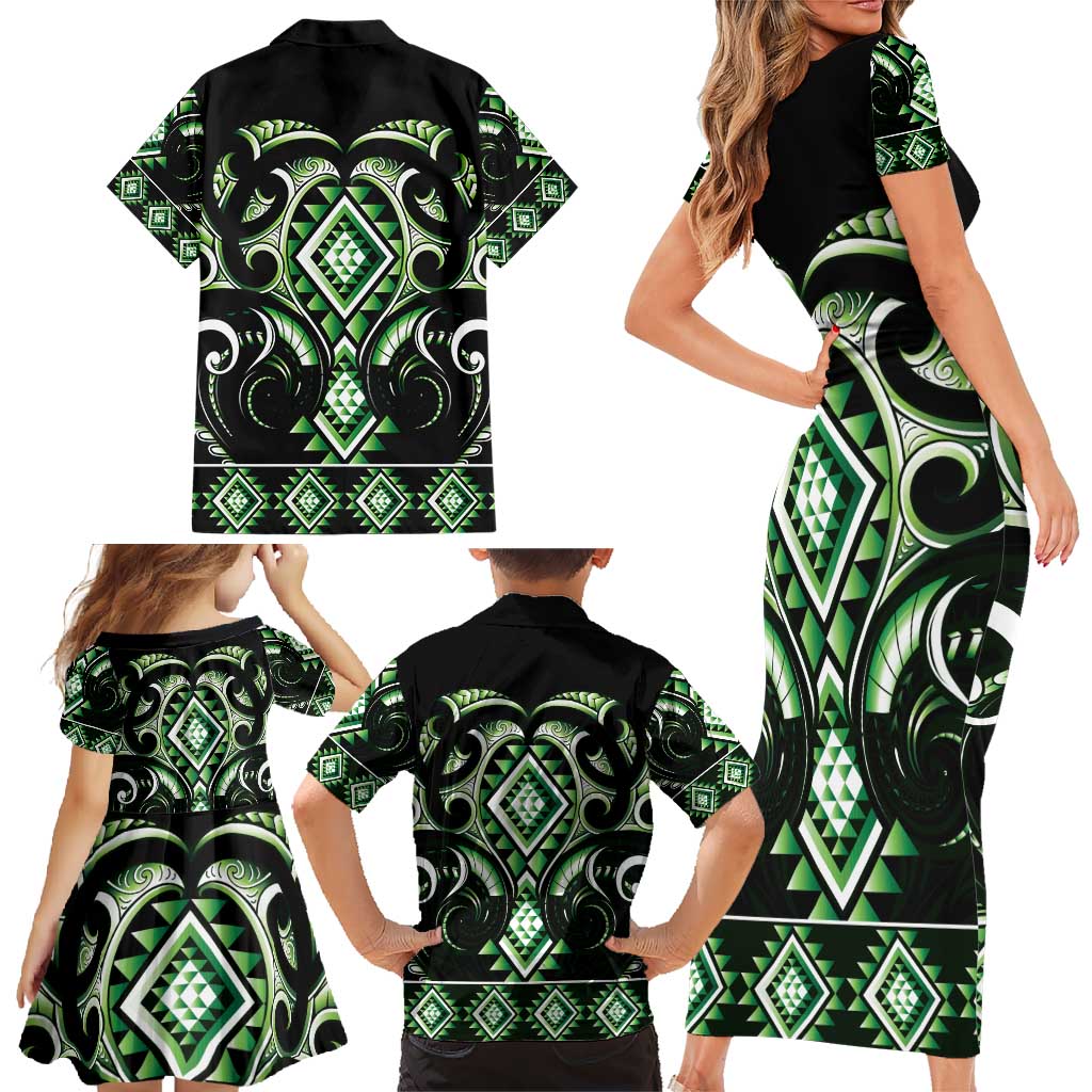 Green Ngaru Taniko With Aotearoa Maori Tattoo Family Matching Short Sleeve Bodycon Dress and Hawaiian Shirt