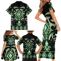 Green Ngaru Taniko With Aotearoa Maori Tattoo Family Matching Short Sleeve Bodycon Dress and Hawaiian Shirt