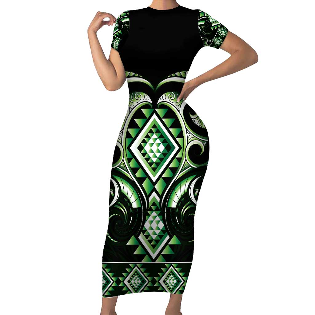 Green Ngaru Taniko With Aotearoa Maori Tattoo Family Matching Short Sleeve Bodycon Dress and Hawaiian Shirt