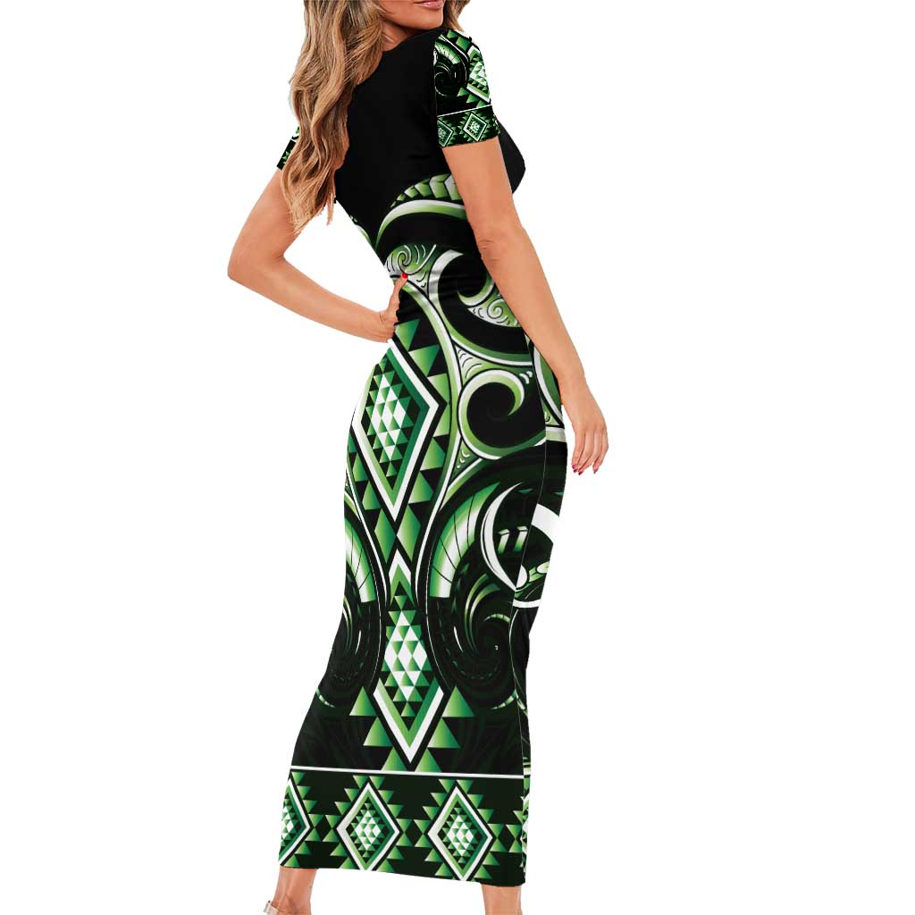 Green Ngaru Taniko With Aotearoa Maori Tattoo Family Matching Short Sleeve Bodycon Dress and Hawaiian Shirt