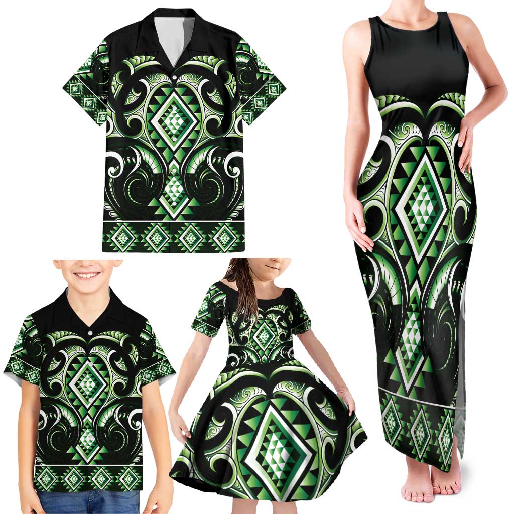 Green Ngaru Taniko With Aotearoa Maori Tattoo Family Matching Tank Maxi Dress and Hawaiian Shirt