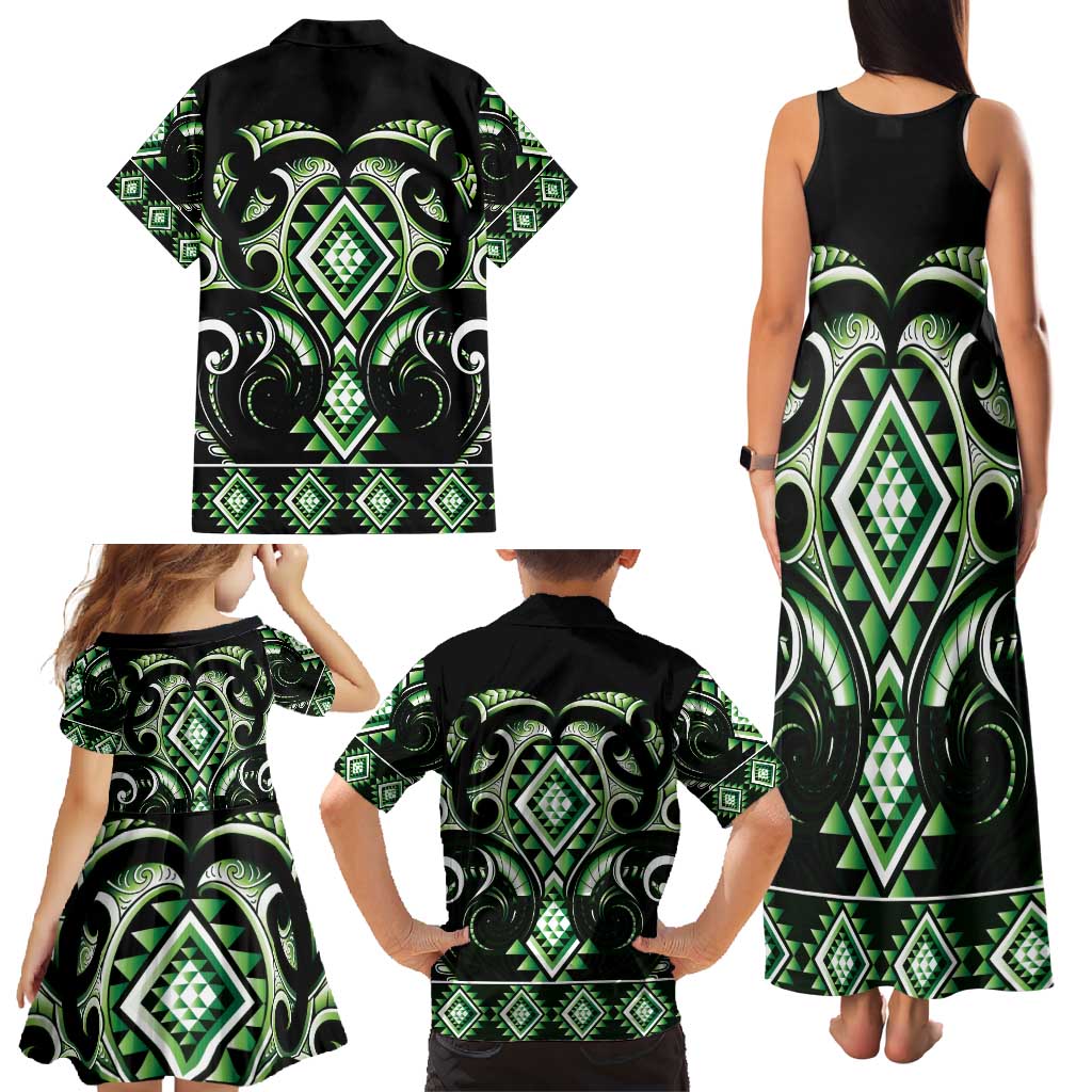 Green Ngaru Taniko With Aotearoa Maori Tattoo Family Matching Tank Maxi Dress and Hawaiian Shirt