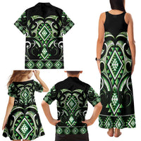 Green Ngaru Taniko With Aotearoa Maori Tattoo Family Matching Tank Maxi Dress and Hawaiian Shirt
