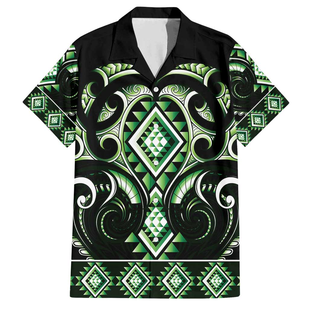 Green Ngaru Taniko With Aotearoa Maori Tattoo Family Matching Tank Maxi Dress and Hawaiian Shirt