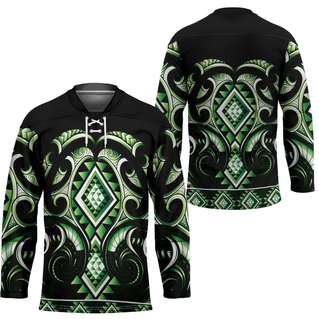 Green Ngaru Taniko With Aotearoa Maori Tattoo Hockey Jersey - Polynesian Pride
