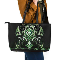 Green Ngaru Taniko With Aotearoa Maori Tattoo Leather Tote Bag
