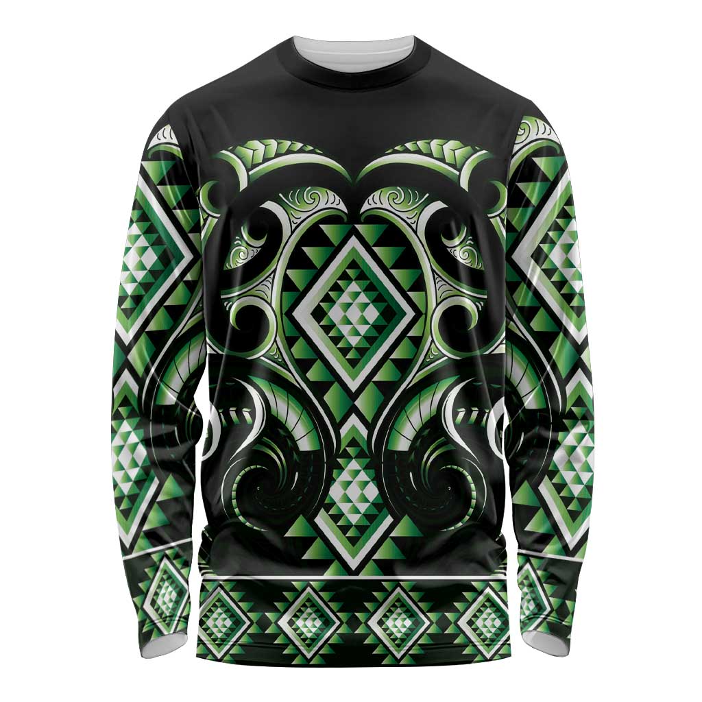 Green Ngaru Taniko With Aotearoa Maori Tattoo Long Sleeve Shirt
