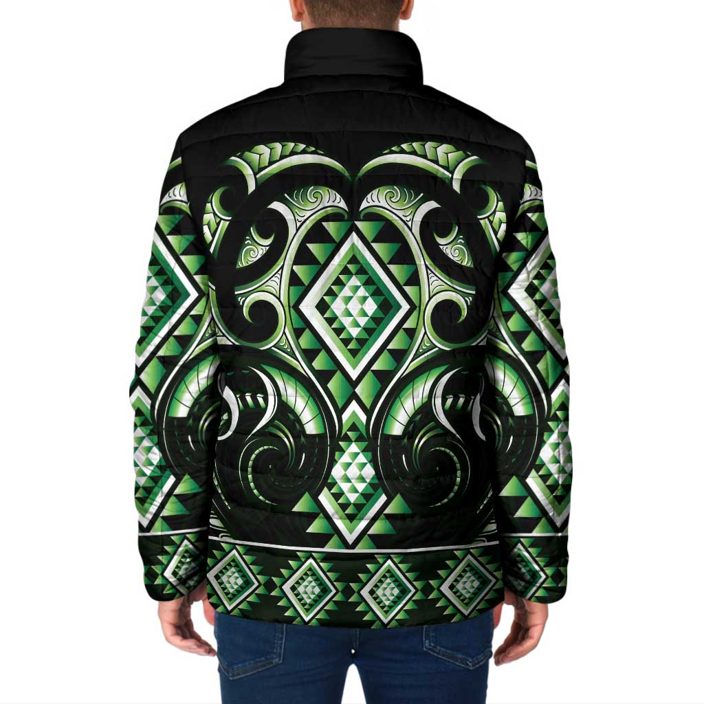 Green Ngaru Taniko With Aotearoa Maori Tattoo Padded Jacket - Polynesian Pride