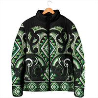 Green Ngaru Taniko With Aotearoa Maori Tattoo Padded Jacket - Polynesian Pride