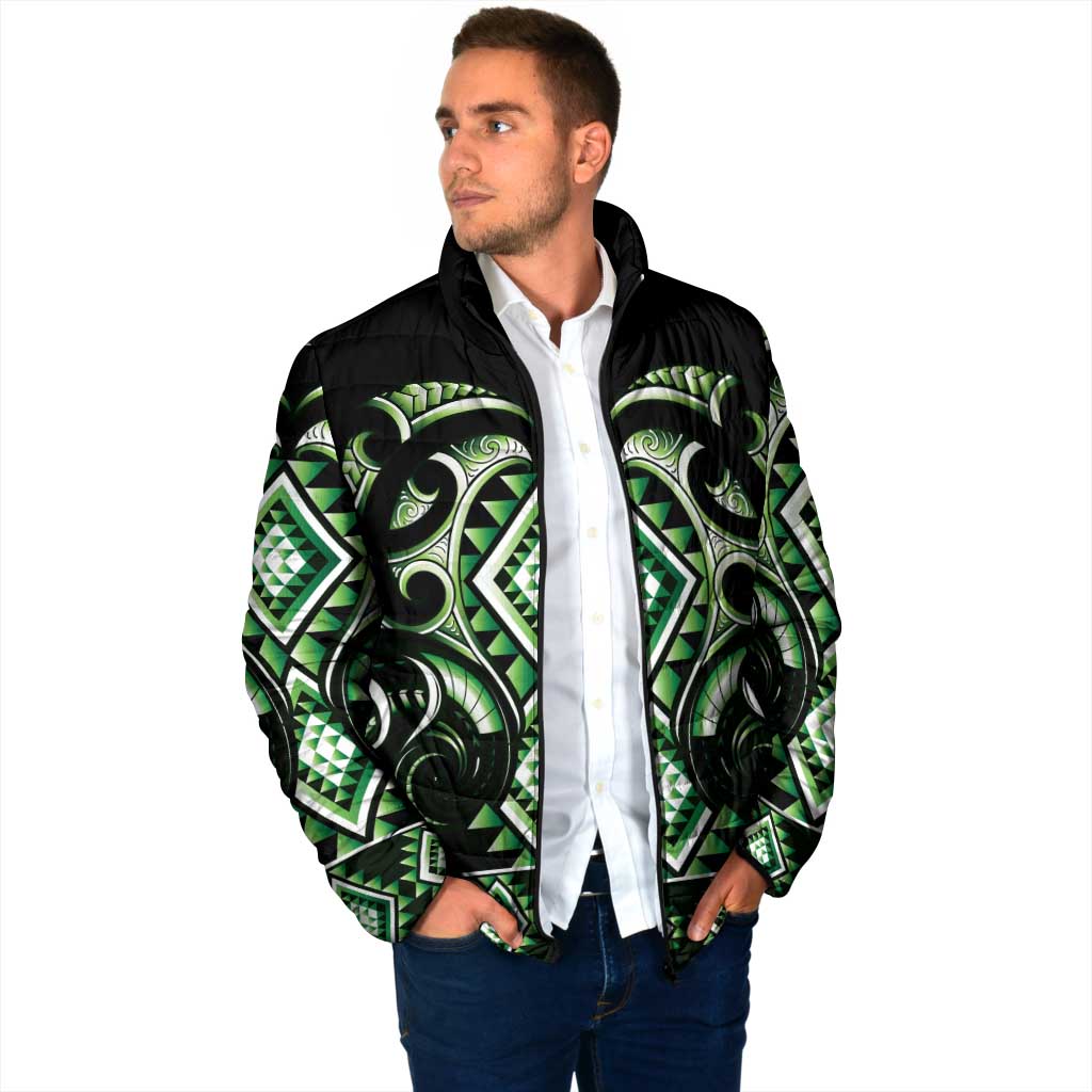Green Ngaru Taniko With Aotearoa Maori Tattoo Padded Jacket - Polynesian Pride