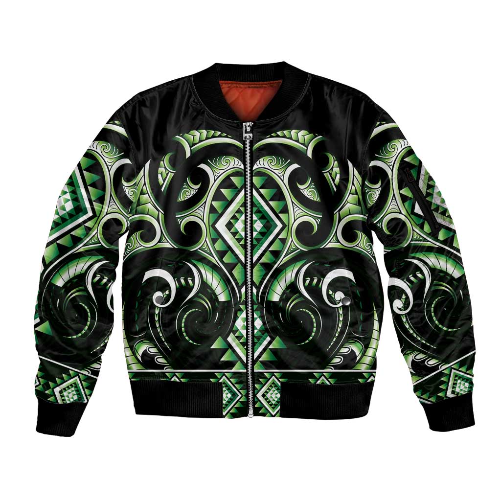 Green Ngaru Taniko With Aotearoa Maori Tattoo Sleeve Zip Bomber Jacket
