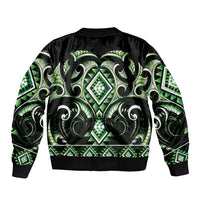 Green Ngaru Taniko With Aotearoa Maori Tattoo Sleeve Zip Bomber Jacket