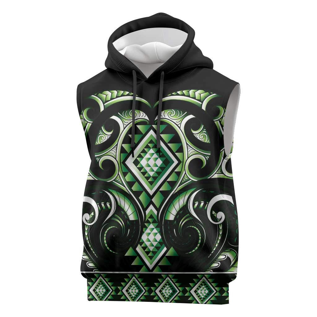 Green Ngaru Taniko With Aotearoa Maori Tattoo Sleeveless Hoodie - Polynesian Pride
