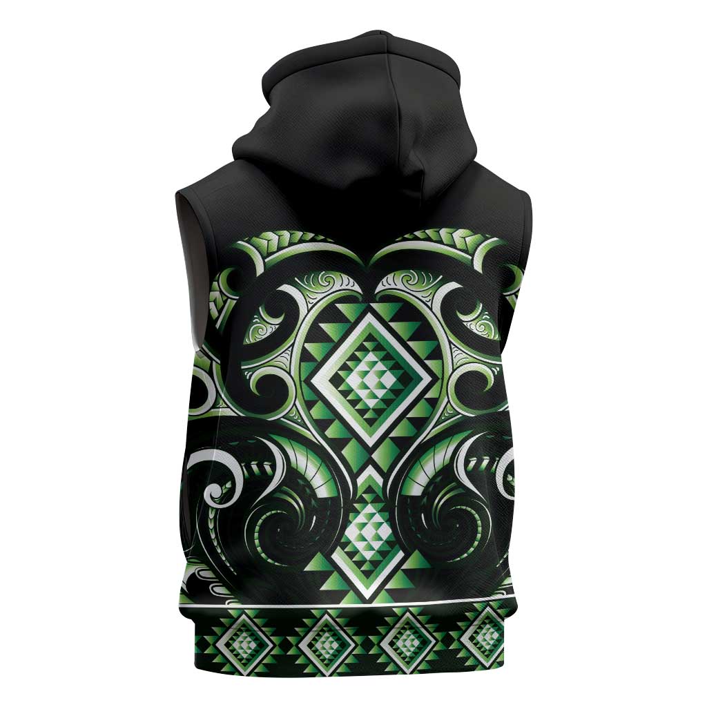 Green Ngaru Taniko With Aotearoa Maori Tattoo Sleeveless Hoodie - Polynesian Pride