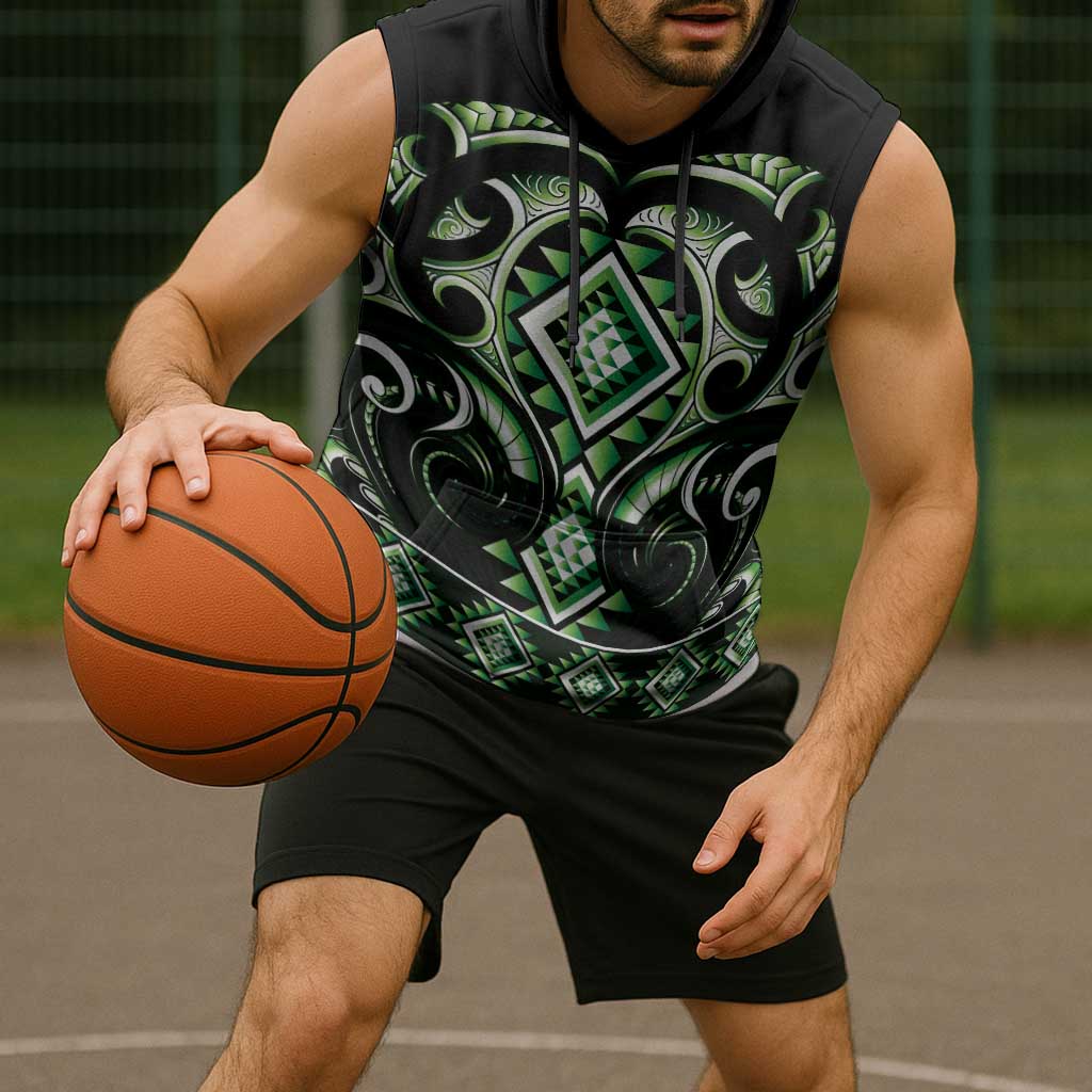 Green Ngaru Taniko With Aotearoa Maori Tattoo Sleeveless Hoodie - Polynesian Pride