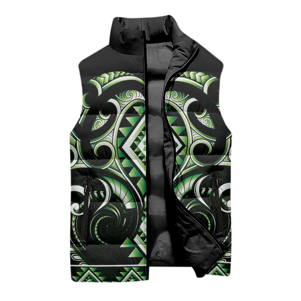 Green Ngaru Taniko With Aotearoa Maori Tattoo Sleeveless Puffer Jacket - Polynesian Pride