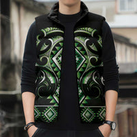 Green Ngaru Taniko With Aotearoa Maori Tattoo Sleeveless Puffer Jacket - Polynesian Pride