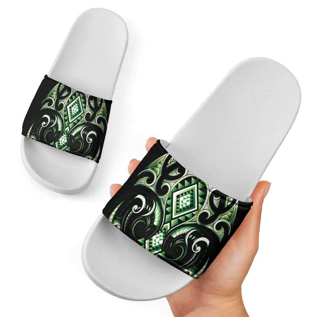 Green Ngaru Taniko With Aotearoa Maori Tattoo Slide Sandals - Polynesian Pride