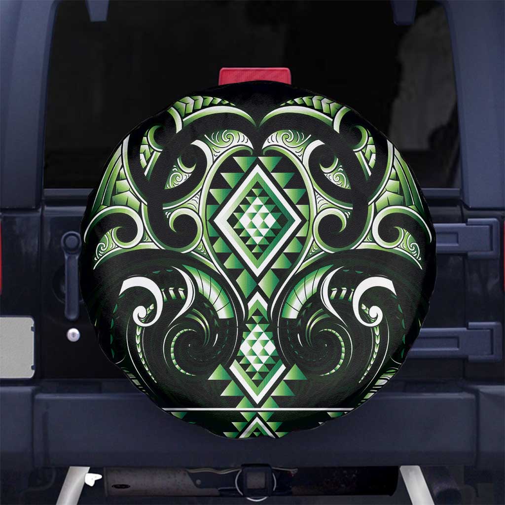 Green Ngaru Taniko With Aotearoa Maori Tattoo Spare Tire Cover