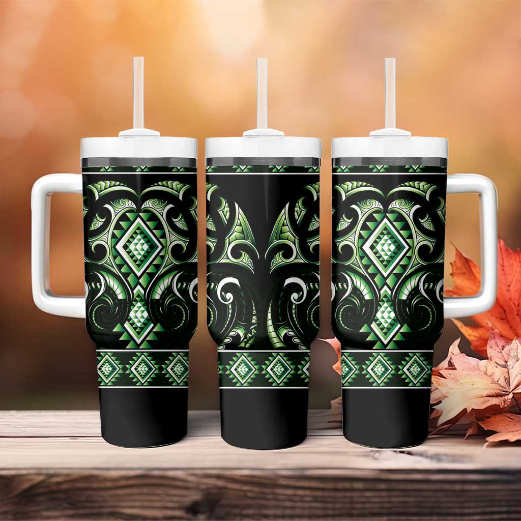 Green Ngaru Taniko With Aotearoa Maori Tattoo Tumbler With Handle