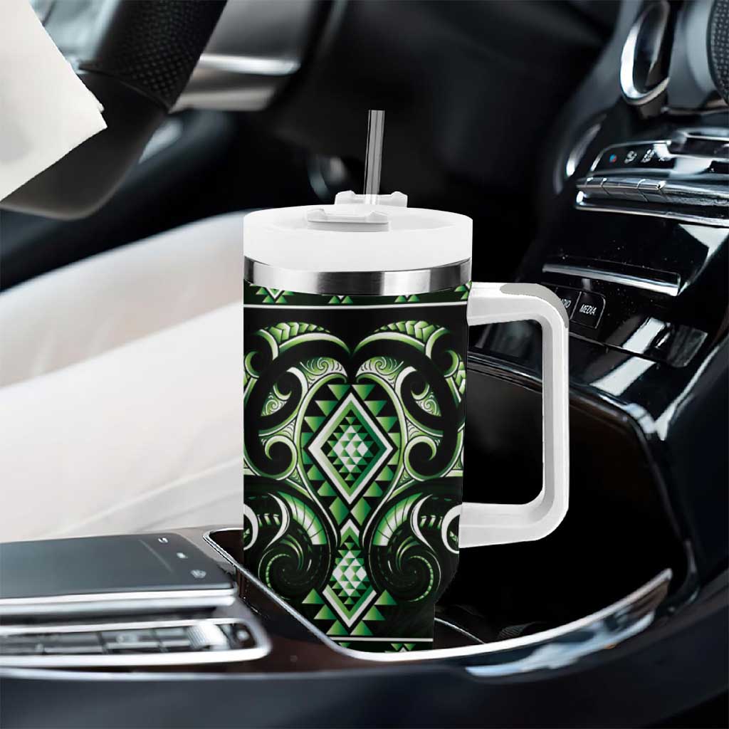 Green Ngaru Taniko With Aotearoa Maori Tattoo Tumbler With Handle