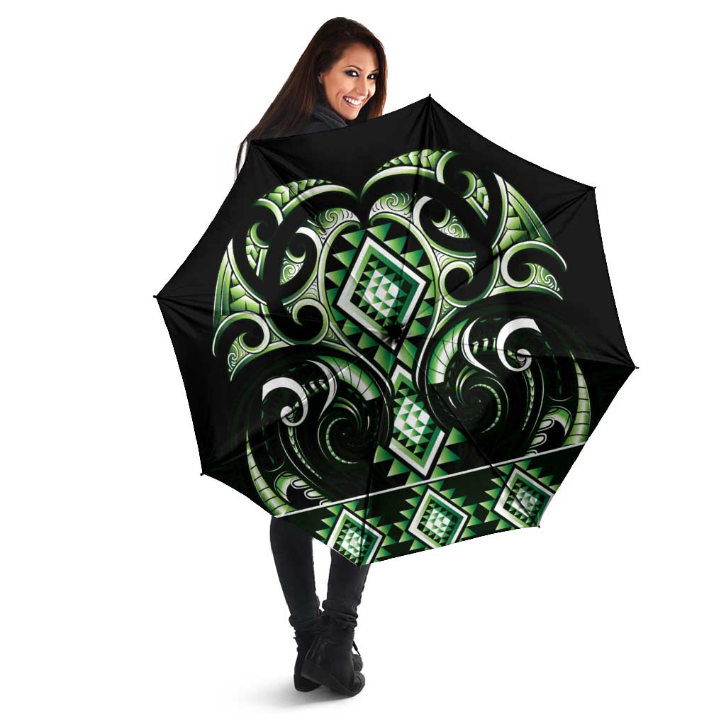 Green Ngaru Taniko With Aotearoa Maori Tattoo Umbrella - Polynesian Pride