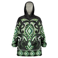 Green Ngaru Taniko With Aotearoa Maori Tattoo Wearable Blanket Hoodie