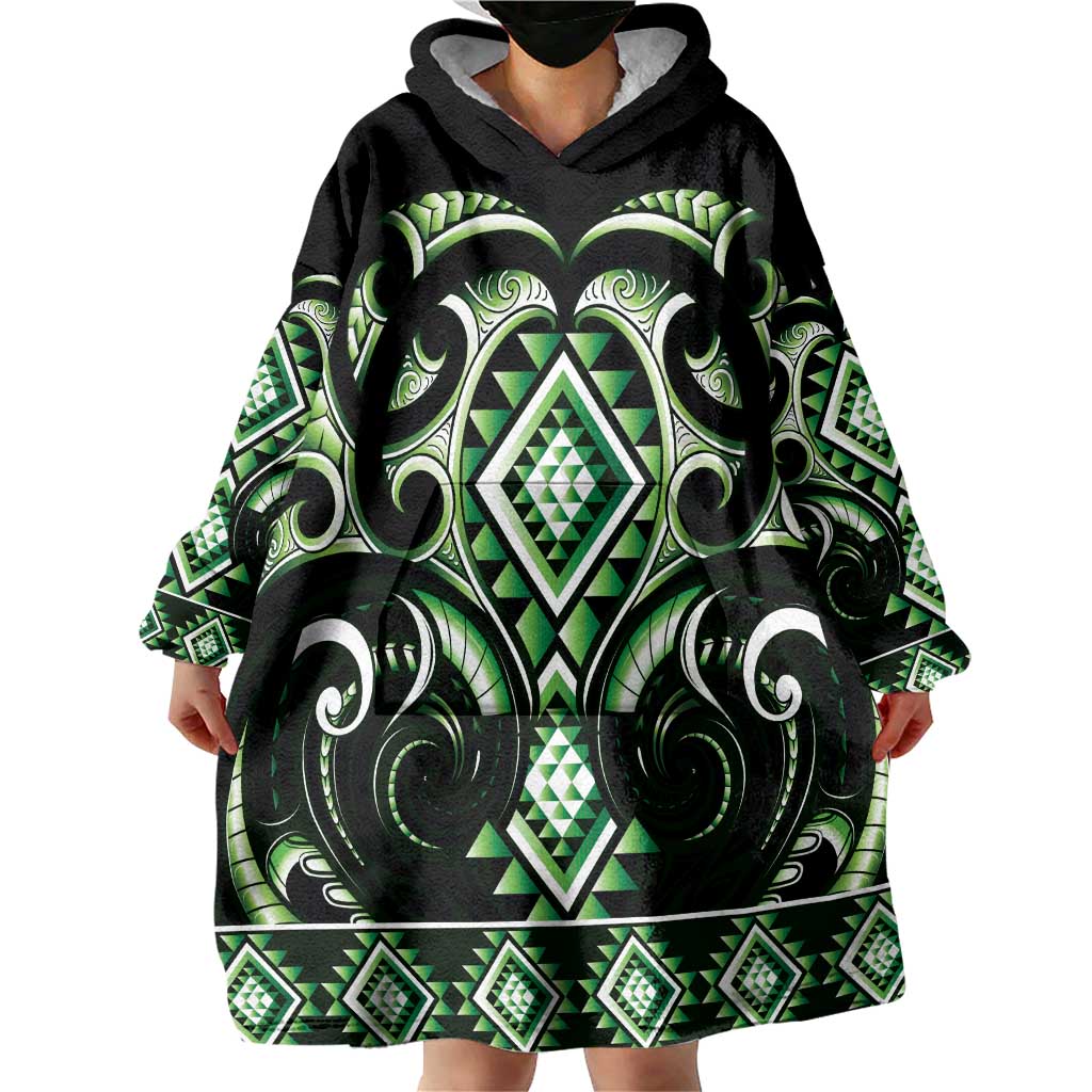 Green Ngaru Taniko With Aotearoa Maori Tattoo Wearable Blanket Hoodie