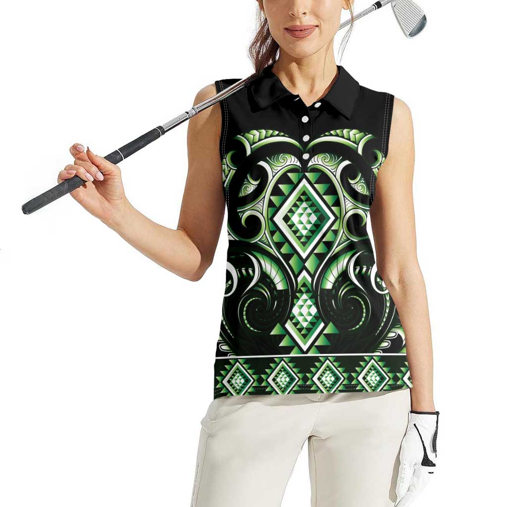 Green Ngaru Taniko With Aotearoa Maori Tattoo Women Sleeveless Polo Shirt