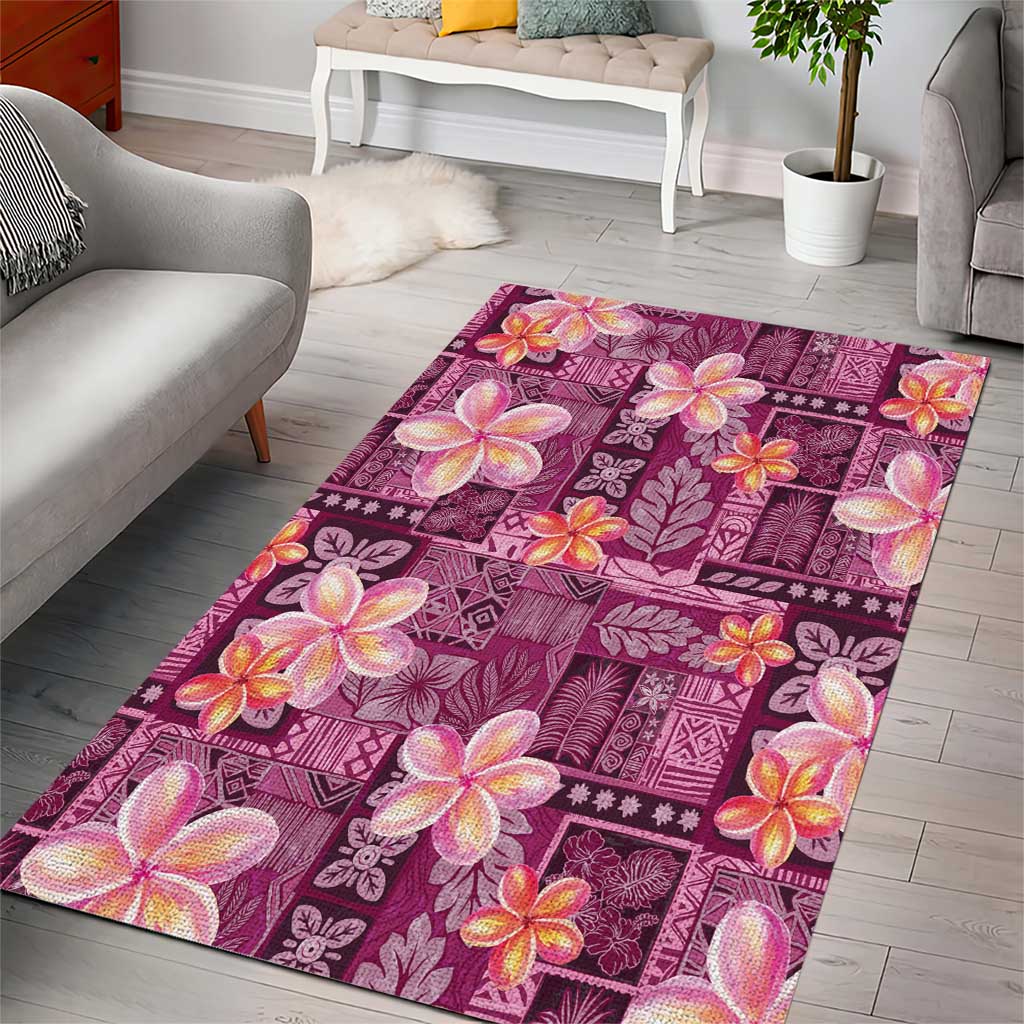 Pink Hawaii Plumeria With Tropical Flowers Motifs Area Rug