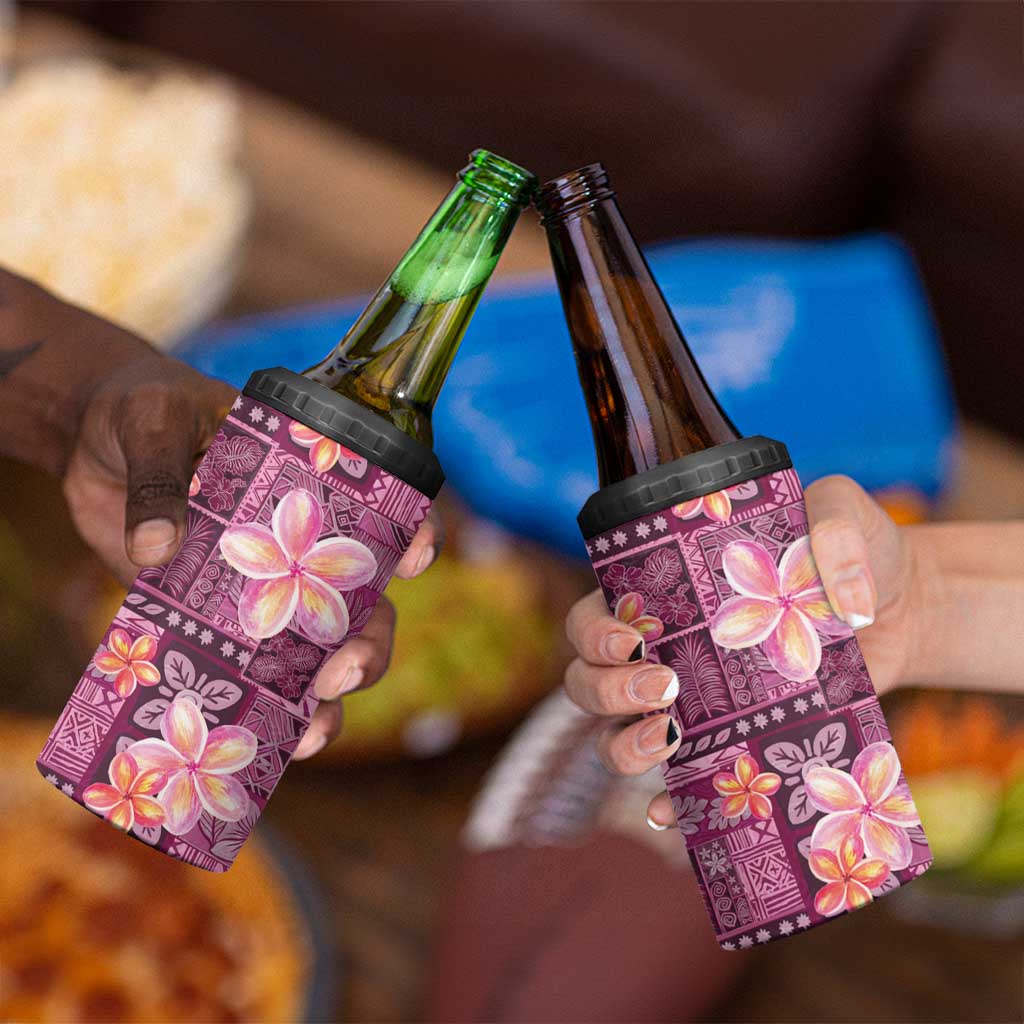 Pink Hawaii Plumeria With Tropical Flowers Motifs 4 in 1 Can Cooler Tumbler