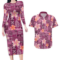 Pink Hawaii Plumeria With Tropical Flowers Motifs Couples Matching Long Sleeve Bodycon Dress and Hawaiian Shirt