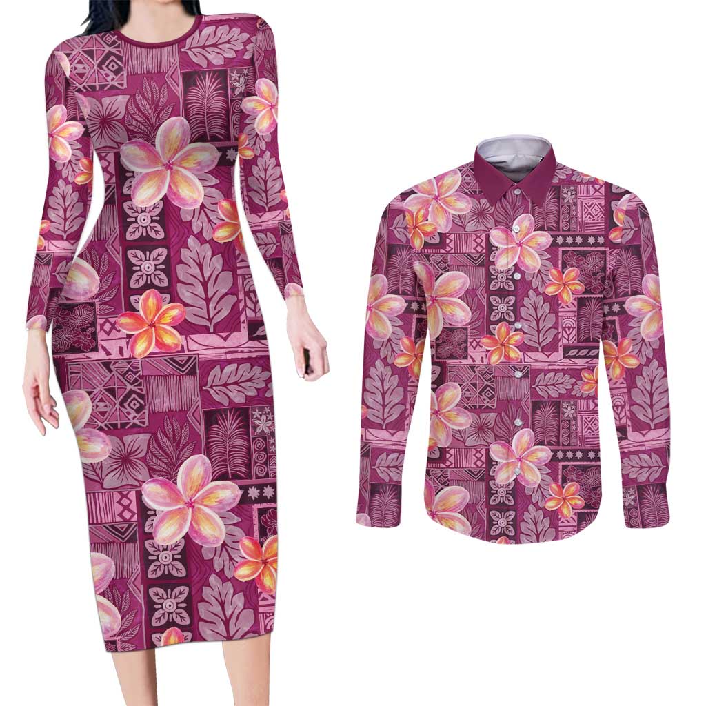 Pink Hawaii Plumeria With Tropical Flowers Motifs Couples Matching Long Sleeve Bodycon Dress and Long Sleeve Button Shirt