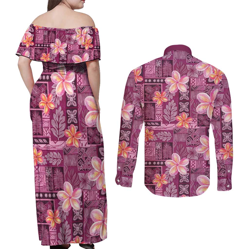 Pink Hawaii Plumeria With Tropical Flowers Motifs Couples Matching Off Shoulder Maxi Dress and Long Sleeve Button Shirt
