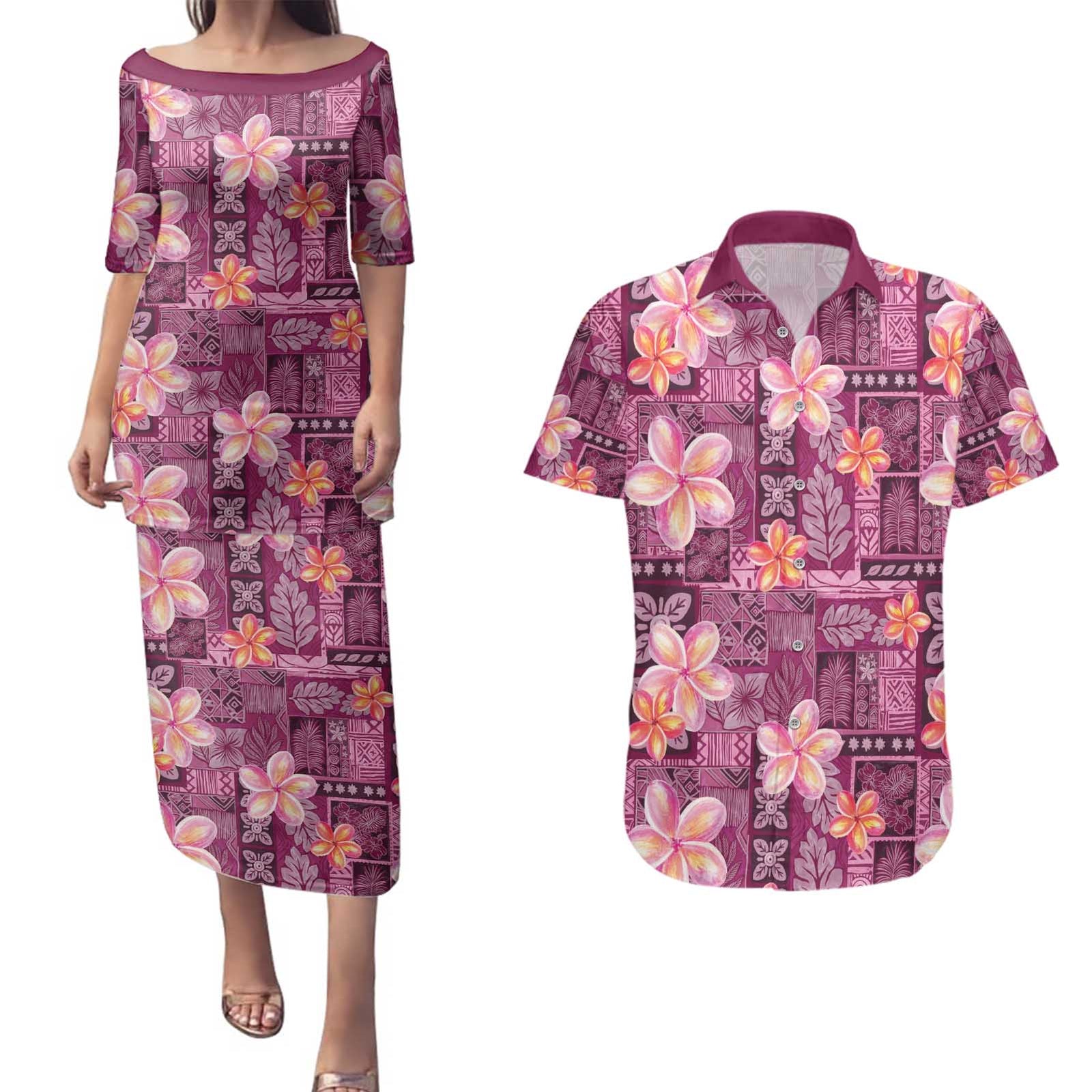 Pink Hawaii Plumeria With Tropical Flowers Motifs Couples Matching Puletasi and Hawaiian Shirt