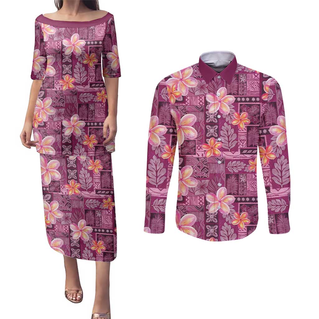 Pink Hawaii Plumeria With Tropical Flowers Motifs Couples Matching Puletasi and Long Sleeve Button Shirt