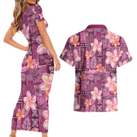 Pink Hawaii Plumeria With Tropical Flowers Motifs Couples Matching Short Sleeve Bodycon Dress and Hawaiian Shirt
