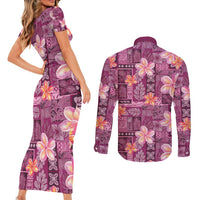 Pink Hawaii Plumeria With Tropical Flowers Motifs Couples Matching Short Sleeve Bodycon Dress and Long Sleeve Button Shirt