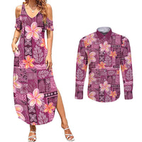 Pink Hawaii Plumeria With Tropical Flowers Motifs Couples Matching Summer Maxi Dress and Long Sleeve Button Shirt