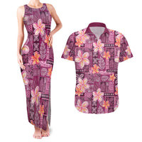 Pink Hawaii Plumeria With Tropical Flowers Motifs Couples Matching Tank Maxi Dress and Hawaiian Shirt