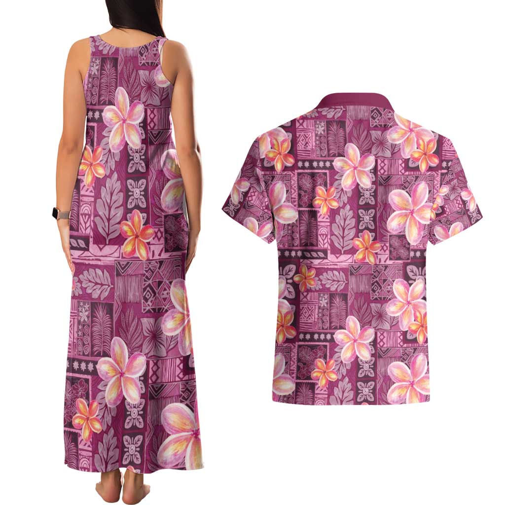 Pink Hawaii Plumeria With Tropical Flowers Motifs Couples Matching Tank Maxi Dress and Hawaiian Shirt
