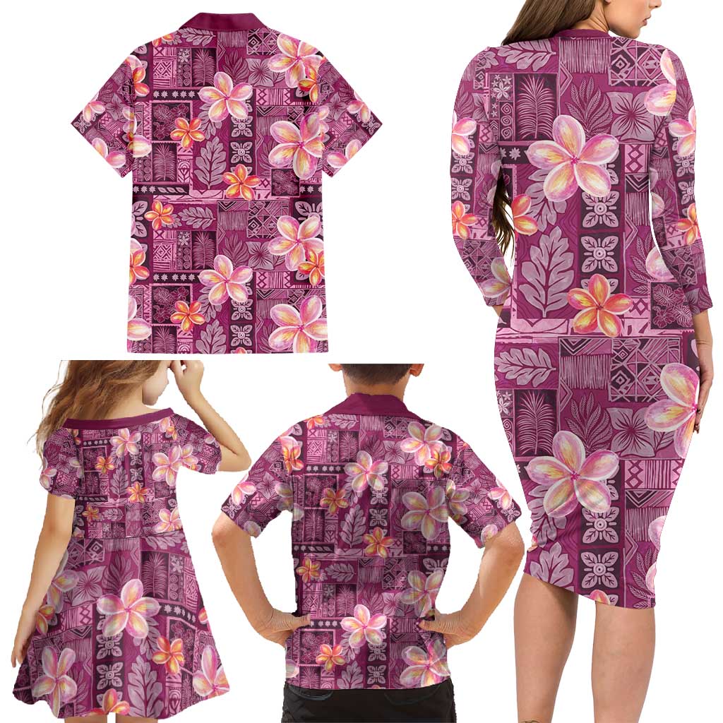 Pink Hawaii Plumeria With Tropical Flowers Motifs Family Matching Long Sleeve Bodycon Dress and Hawaiian Shirt
