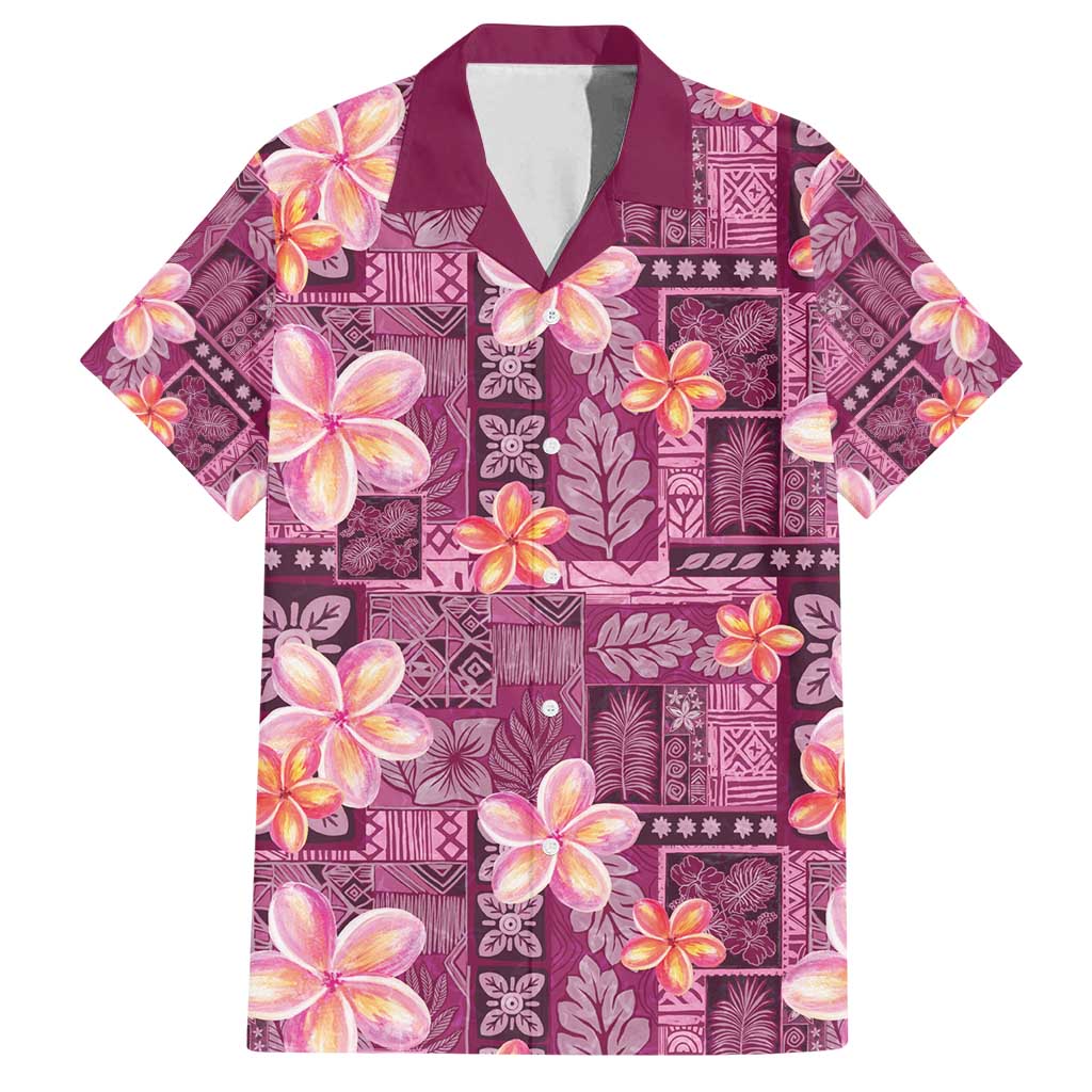 Pink Hawaii Plumeria With Tropical Flowers Motifs Family Matching Long Sleeve Bodycon Dress and Hawaiian Shirt