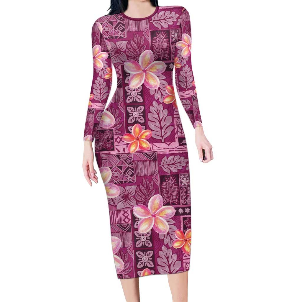 Pink Hawaii Plumeria With Tropical Flowers Motifs Family Matching Long Sleeve Bodycon Dress and Hawaiian Shirt