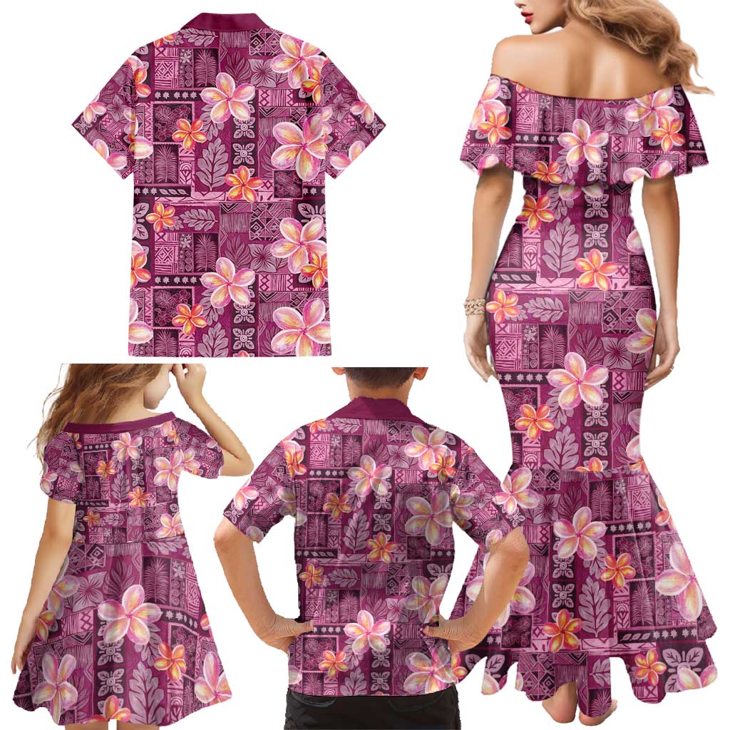 Pink Hawaii Plumeria With Tropical Flowers Motifs Family Matching Mermaid Dress and Hawaiian Shirt