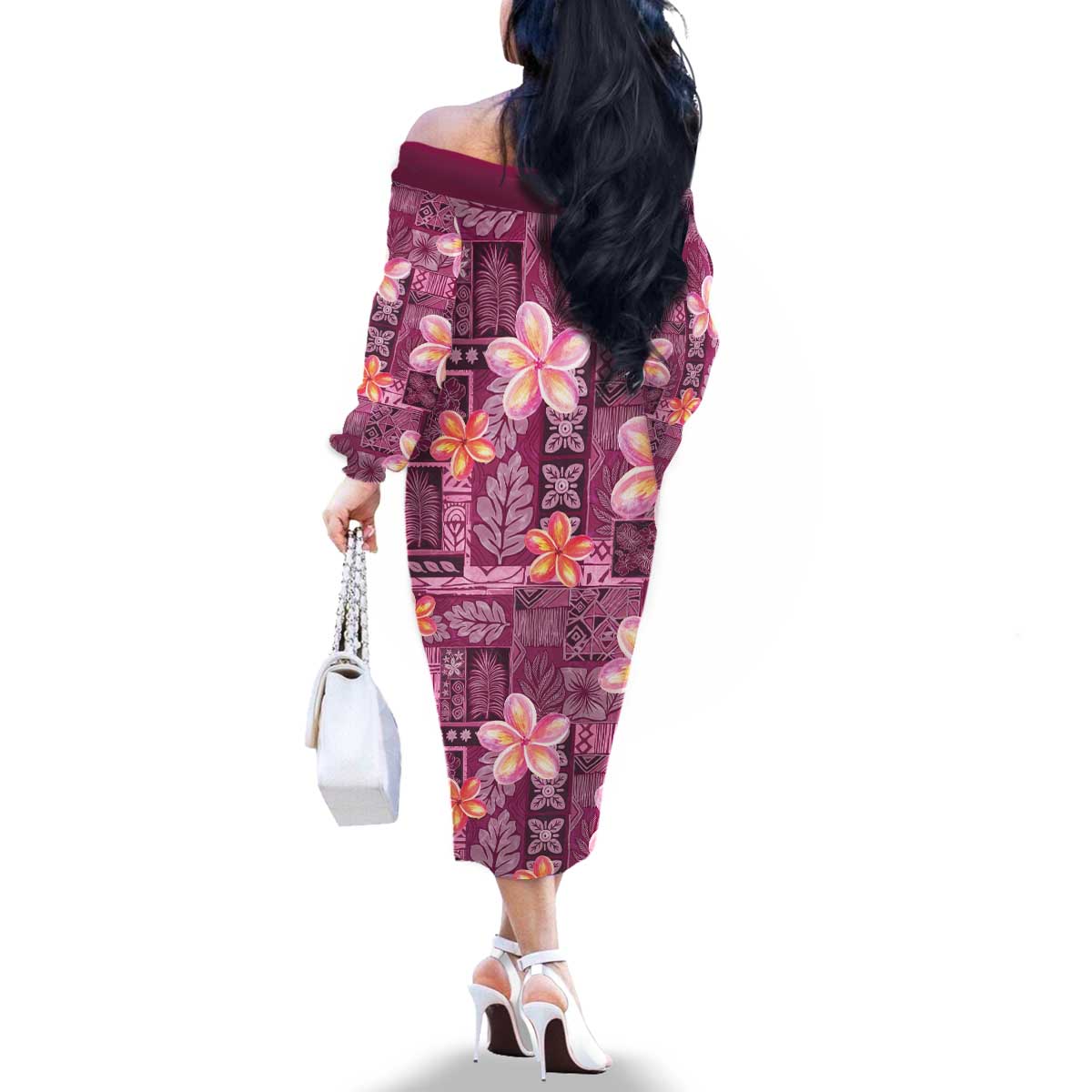 Pink Hawaii Plumeria With Tropical Flowers Motifs Family Matching Off The Shoulder Long Sleeve Dress and Hawaiian Shirt